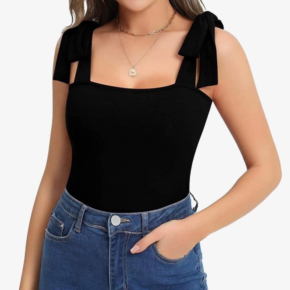 Mangopop Tie Shoulder Strap Bodysuit, Black, Size S